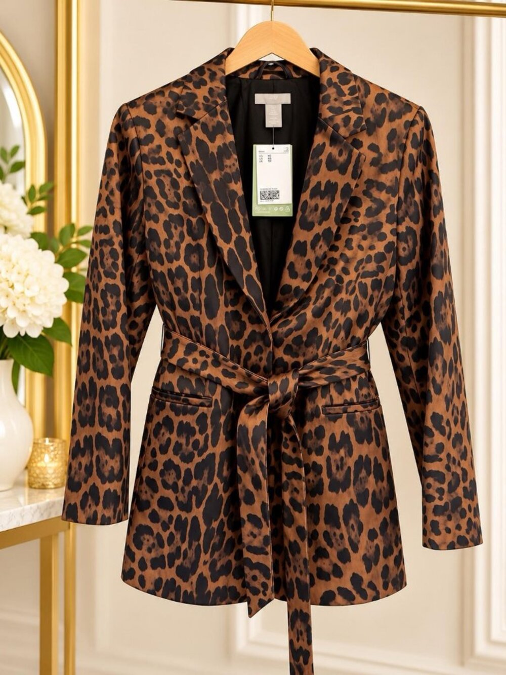 H&M Satin Leopard Print Belted Blazer Jacket XS Brand New